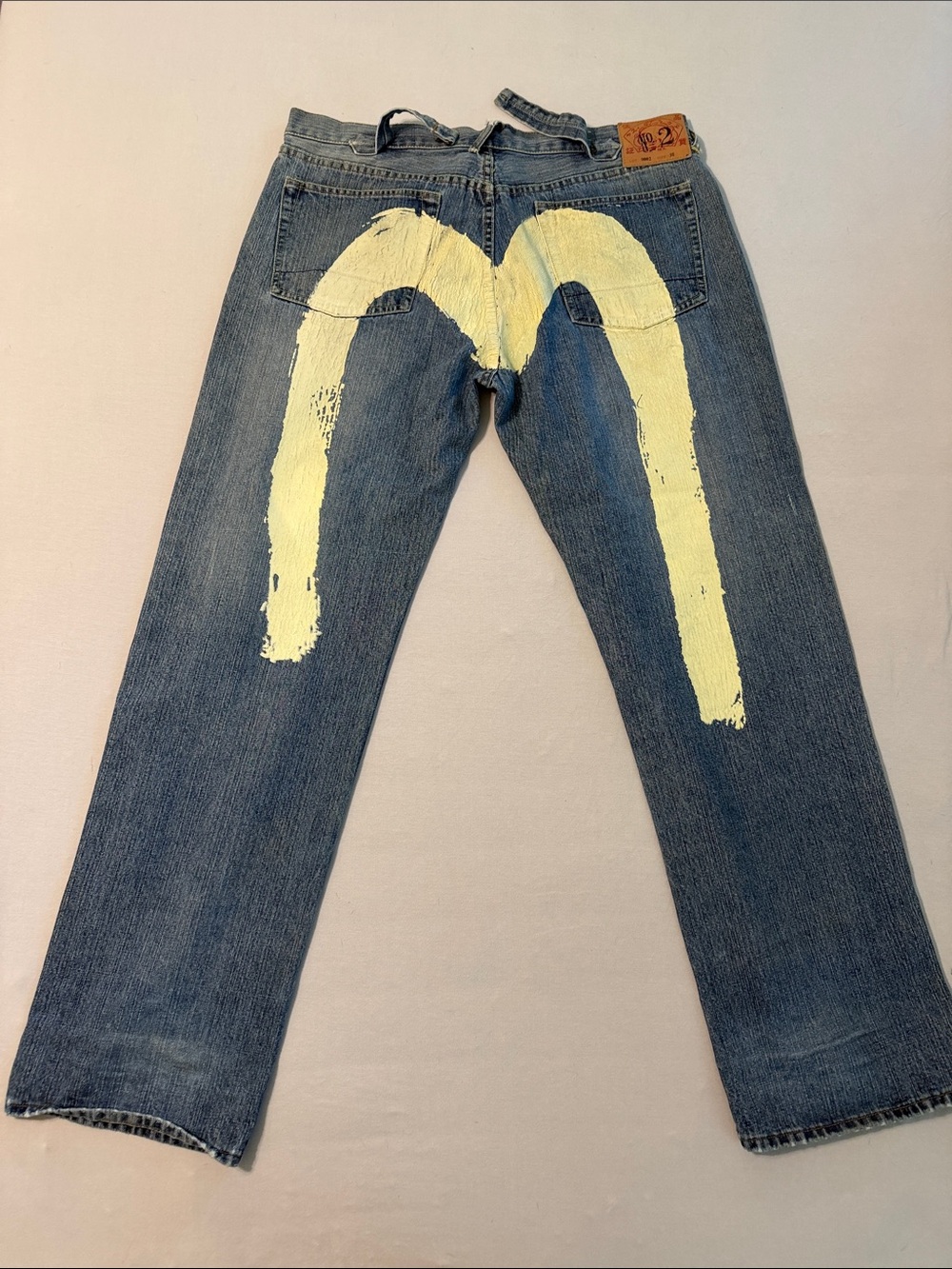 Evisu No. 2 Jeans Oversized Cream Back Graphic Blue Denim